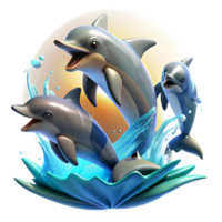 mysterious elegant A group of dolphins leaping out of the ocean, bright sunny day, playful and energetic, wildlife photography style elite png