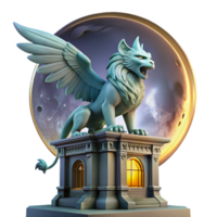 celebrated abstract A majestic griffin perched atop a crumbling clock tower, bathed in the ethereal glow of a full moon, Art Nouveau style original png