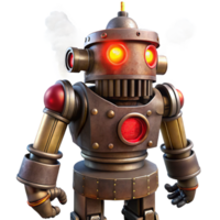 signature rustic A towering steampunk robot, with glowing red eyes and steam billowing from its vents, standing in a desolate wasteland, under a blood red sky, in a dark, dystopian style high quality png