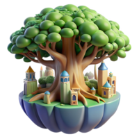 romantic vibrant A giant tree with a city built into its branches, fantasy style, soft natural light, whimsical, museum quality png