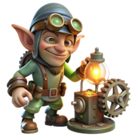 impressive melancholic impressionist A mischievous goblin tinkering with gears and gadgets in a dimly lit workshop, illuminated by the flickering light of a single oil lamp. Steampunk style ultra HD png