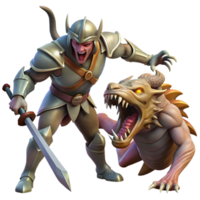 alluring dynamic industrial A courageous knight battling a grotesque monster, dramatic lighting, fantasy art style authentic png