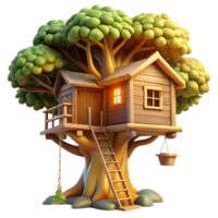 dazzling timeless A treehouse built into a giant sequoia, rustic wood and rope, warm sunlight filtering through leaves, whimsical, illustration, png