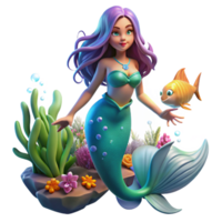 ethereal fascinating A beautiful mermaid with shimmering scales and flowing hair swimming through a coral reef filled with glowing fish, vibrant, underwater lighting, fantasy art style sharp png