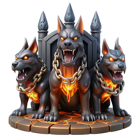 majestic mid century A fierce, three headed Cerberus guarding the gates of the underworld, chains made of glowing embers, dramatic chiaroscuro lighting. Dark fantasy painting style studio quality png