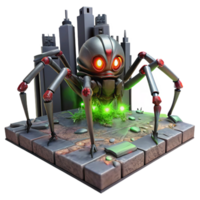 captivating reflective retro A giant, robotic spider, with glowing red eyes and laser cannons, crawls across the ruins of a futuristic city. Dystopian style handcrafted png