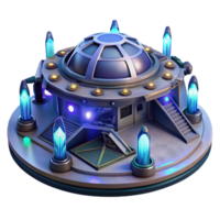 exquisite celebrated A spaceship landing pad with futuristic architecture and glowing lights, nighttime with stars visible, science fiction style png