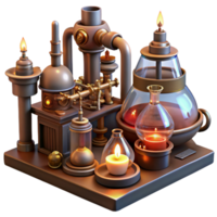 dazzling sought after A steampunk laboratory, filled with bubbling beakers, strange devices, and intricate machinery, warm, flickering candlelight, vintage style png