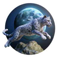 majestic bohemian A majestic snow leopard leaping across a chasm, illuminated by a full moon, rendered in a hyperrealistic style 8K png