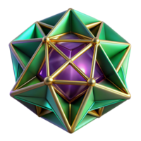 exquisite harmonious surreal Geometric fractals in shades of deep violet and emerald green, interconnected by glowing golden lines, with soft ambient lighting sharp png