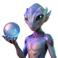 enchanting energetic classic A humanoid alien with iridescent scales, holding a glowing orb, floating in a nebula. Fantasy art style. Dreamlike lighting handcrafted png