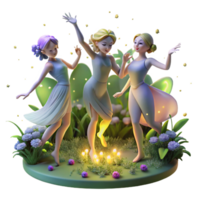 hypnotic memorable A group of nymphs dancing in a moonlit glade, surrounded by glowing flowers and fireflies. Impressionist style png