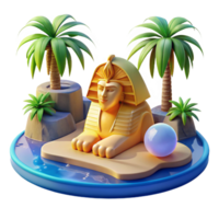 alluring calm retro A mysterious sphinx posing a riddle in a desert oasis, surrounded by palm trees and shimmering water. Bright, midday sunlight, ancient Egyptian style top tier png