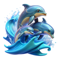 dramatic alluring A group of playful dolphins leaping from the ocean waves, illuminated by bright sunlight, painted in a dynamic and energetic style professional png