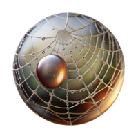 striking melancholic mid century A close up of a dewdrop on a spiderweb, glistening in the early morning sunlight, intricate web design visible, macro photography style precision png