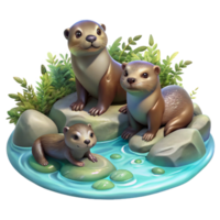 exquisite remarkable A playful family of otters frolicking in a crystal clear stream, dappled sunlight filtering through the leaves above, painted in an impressionistic style png
