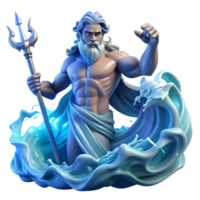 distinctive bohemian Poseidon, God of the Sea, rising from a tempestuous ocean, wielding his trident, lightning illuminating the scene, dramatic and dynamic style, high quality png