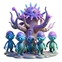 enchanting exceptional A group of alien creatures with iridescent scales, gathered around a bioluminescent tree, ethereal lighting, fantasy art style png