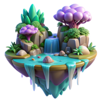 stunning memorable A floating island with waterfalls cascading down, lush vegetation, vibrant fantasy colors, dreamlike atmosphere, floating rocks, magical realism png