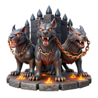 passionate radiant A fierce, three headed Cerberus guarding the gates of the underworld, chains made of glowing embers, dramatic chiaroscuro lighting. Dark fantasy painting style premium png