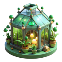 serene timeless A steampunk greenhouse, filled with exotic mechanical plants and glowing fungi, bathed in soft green light. Whimsical, fantasy style png