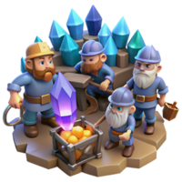 beautiful coveted A group of dwarves mining for gems in a cavern lit by glowing crystals, intricate details, realistic style png