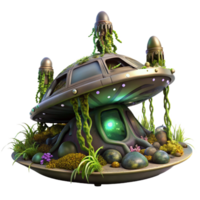 whimsical glorious A decaying, abandoned spaceship, overgrown with alien vines and bioluminescent fungi, rests on a desolate, alien planet. Dark fantasy style 4K png