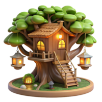 radiant renaissance A treehouse built into a giant redwood tree, rustic wood construction, glowing lanterns, magical and whimsical refined png