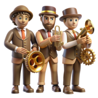 inspired elegant A group of steampunk musicians, playing brass instruments adorned with gears, in a dimly lit tavern, warm lighting, jazz age style handcrafted png