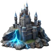 acclaimed rustic Medieval castle on a rocky cliff, stormy skies and lightning strikes, dramatic lighting, dark fantasy style handcrafted png