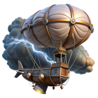 picturesque acclaimed A steampunk airship, with intricate rigging and billowing sails, soaring through a stormy sky. Dramatic, lightning illuminated lighting. Romantic style png