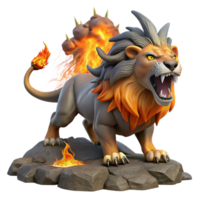tranquil splendid A fearsome chimera breathing fire, its lion, goat, and serpent heads distinct, set against a backdrop of volcanic eruption. Fantasy art style expertly shot png