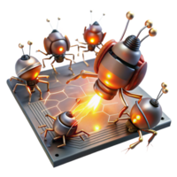 captivating coveted A swarm of nanobots repairing a damaged circuit board, sparks flying, illuminated by a dramatic spotlight from below, in a gritty, industrial style png