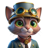 breathtaking playful avant garde A portrait of a steampunk cat wearing miniature goggles and a tiny brass top hat, illuminated by a soft, warm light. Warm lighting, whimsical style crisp png