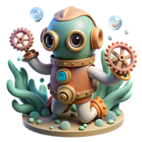 dazzling inspired A curious steampunk octopus in a diving suit, exploring a coral reef of gears and cogs, underwater lighting, whimsical style png