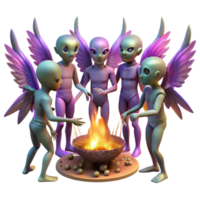 pristine geometric A group of humanoid aliens, with iridescent skin and feathered wings, gather around a bonfire beneath a sky filled with swirling constellations. Dreamlike, fantasy art style crisp png