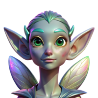 impressive nostalgic tropical Portrait of a whimsical, elf like creature with large, iridescent wings, pointed ears, and sparkling silver eyes, lit by dappled sunlight filtering through leaves luxury png