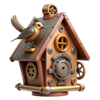 notable bohemian A steampunk birdhouse, intricately crafted from gears and cogs, with a small robotic bird perched on top. Soft, morning light. whimsical style high resolution png