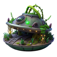 enchanting minimalist A decaying, abandoned spaceship, overgrown with alien vines and bioluminescent fungi, rests on a desolate, alien planet. Dark fantasy style authentic png
