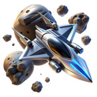 calm glorious A sleek, chrome spaceship races through an asteroid field, pursued by two smaller, faster fighters. Photorealistic style. Dramatic lighting premium png