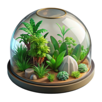 joyful majestic A glass dome biosphere filled with lush tropical plants, bright sunlight, botanical illustration style handcrafted png