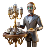 fascinating unparalleled A steampunk robot butler, serving tea in a lavishly decorated room, lit by a chandelier. Victorian style, warm colors png