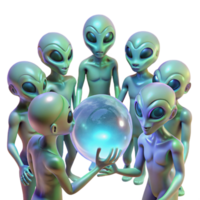 romantic hypnotic A group of alien creatures, with iridescent skin, gathered around a glowing orb, bathed in its ethereal light. Mystical lighting, fantasy style studio quality png