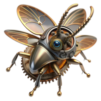 glorious sought after A steampunk insect, a metallic beetle with intricate gears and wings, crawling on a cogwheel, lit by a single ray of light. Macro photography, hyperrealistic style png
