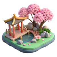 timeless bohemian A serene Japanese garden with a koi pond and cherry blossoms, tranquil style, soft diffused light precision png