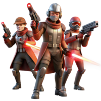vibrant celebrated A group of space pirates in ragged clothing, brandishing laser pistols, aboard a derelict spaceship, lit by the flickering, red light of emergency alarms. Gritty, realistic style png