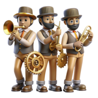 parfait artistique une groupe de steampunk les musiciens, en jouant laiton instruments orné avec engrenages, dans une vaguement allumé taverne, chaud éclairage, le jazz âge style impeccable png