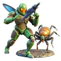 radiant traditional A futuristic soldier in power armor, battling a giant alien insect, dynamic pose, dramatic lighting, comic book style, 4K png