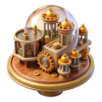 dreamy gorgeous An intricate clockwork city, gears and cogs visible throughout, steampunk style, warm and inviting lighting, isometric view refined png