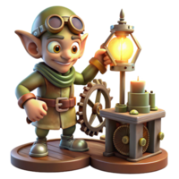 dynamic elegant A mischievous goblin tinkering with gears and gadgets in a dimly lit workshop, illuminated by the flickering light of a single oil lamp. Steampunk style artisan png